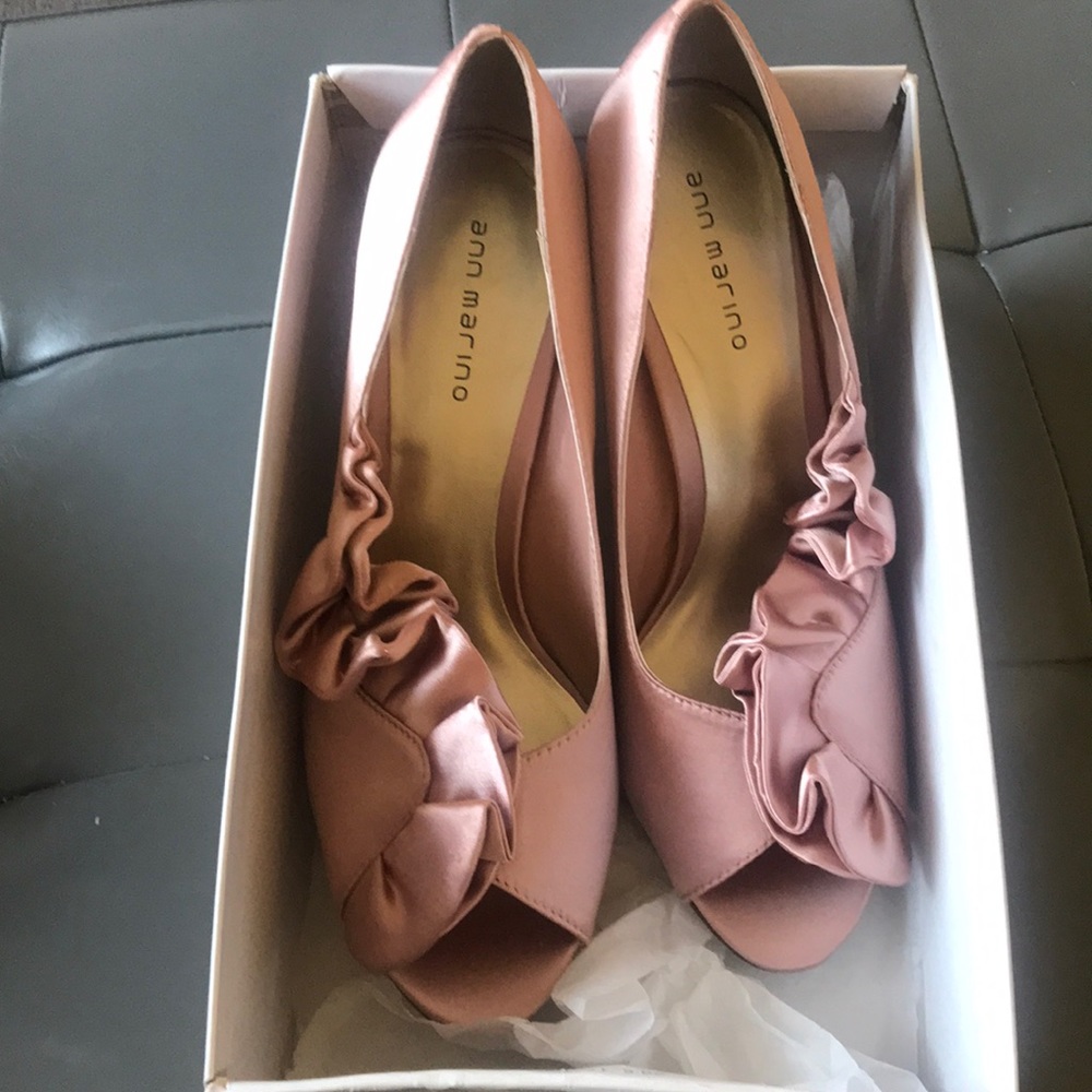 Blush satin Ann Marino ruffle heels